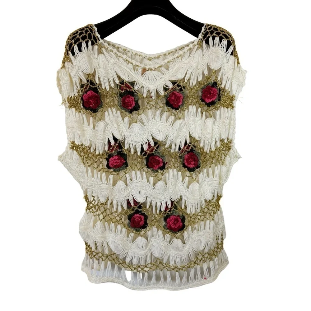 NWT! VINTAGE 60's DK FASHION Women's Crochet Floral Blouse Gold Detailing MISSY - Picture 1 of 5